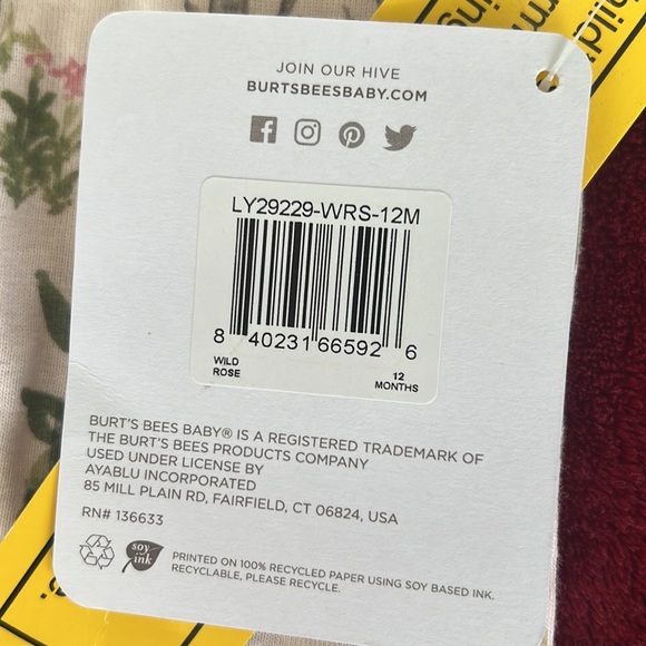 BNWT Burt’s Bees Baby ‘Wild Rose’ Footsie Pyjamas Size 12 M RRP $13.95 🐻🌹 - Picture 6 of 6